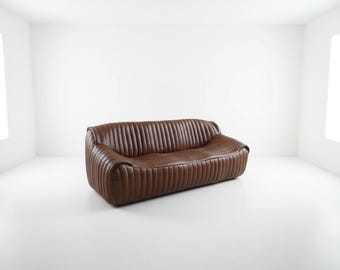 MIDCENTURY MODERN SOFA | Vintage Brown Channel-Tufted Leather Sofa | Vintage Leather 3 Seater Sofa | Free Shipping