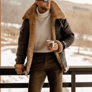 Handmade Men&#39;s B3 Bomber Real Leather Jacket, Sheepskin Shearling RAF Aviator Flying Pilot Jacket, Real Winter Fur Brown Leather Jacket