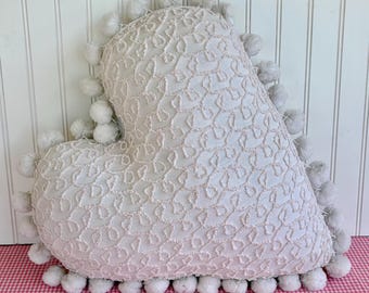 Handmade Vintage Chenille Heart Pillow with Pom Poms