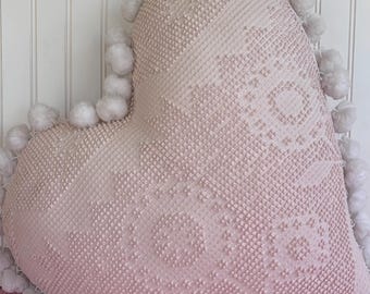 LARGE Handmade Vintage Chenille Heart Pillow with Pom Poms