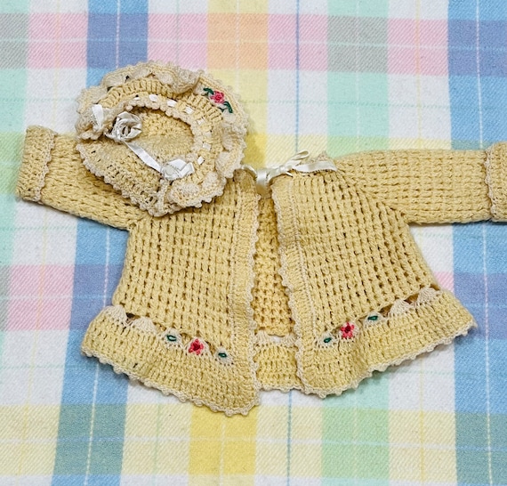 Vintage Yellow Knit Baby Sweater and Cap