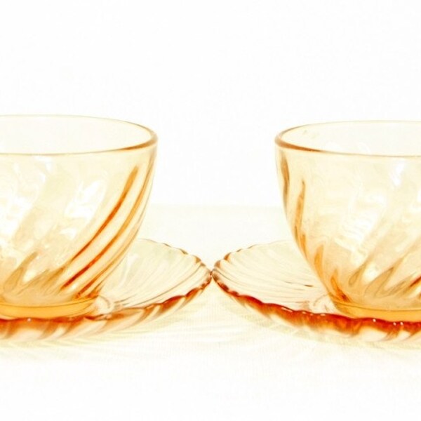Set of 2 Vintage Rosaline Pink Swirl Glass Cups and Saucers