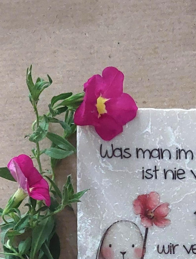 May include: A square white stone tile featuring a black ink illustration of a small creature holding a pink flower, with the German text "Was man im ist nie v" and "wir ve" printed in black, accented by two vibrant magenta petunia flowers.