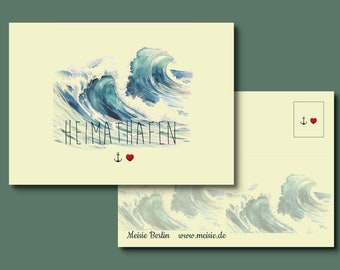Postkarte  Heimathafen Meer Wellen Anker Herz