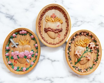 Wooden Carved Three Sacred Heart in oval frames - Jesus Mary and Joseph
