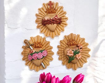 Wooden Three Sacred Hearts of the Holy Family on the rays