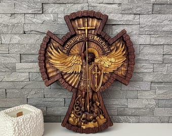 Archangel Michael wall plaque of natural ash wood