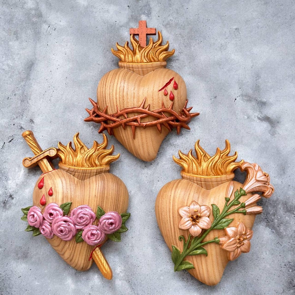 Three Sacred Heart Wooden Wall Plaque - Jesus Mary and Joseph - Etsy