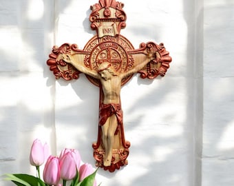 Carved wooden crucifix with Benedict's medal