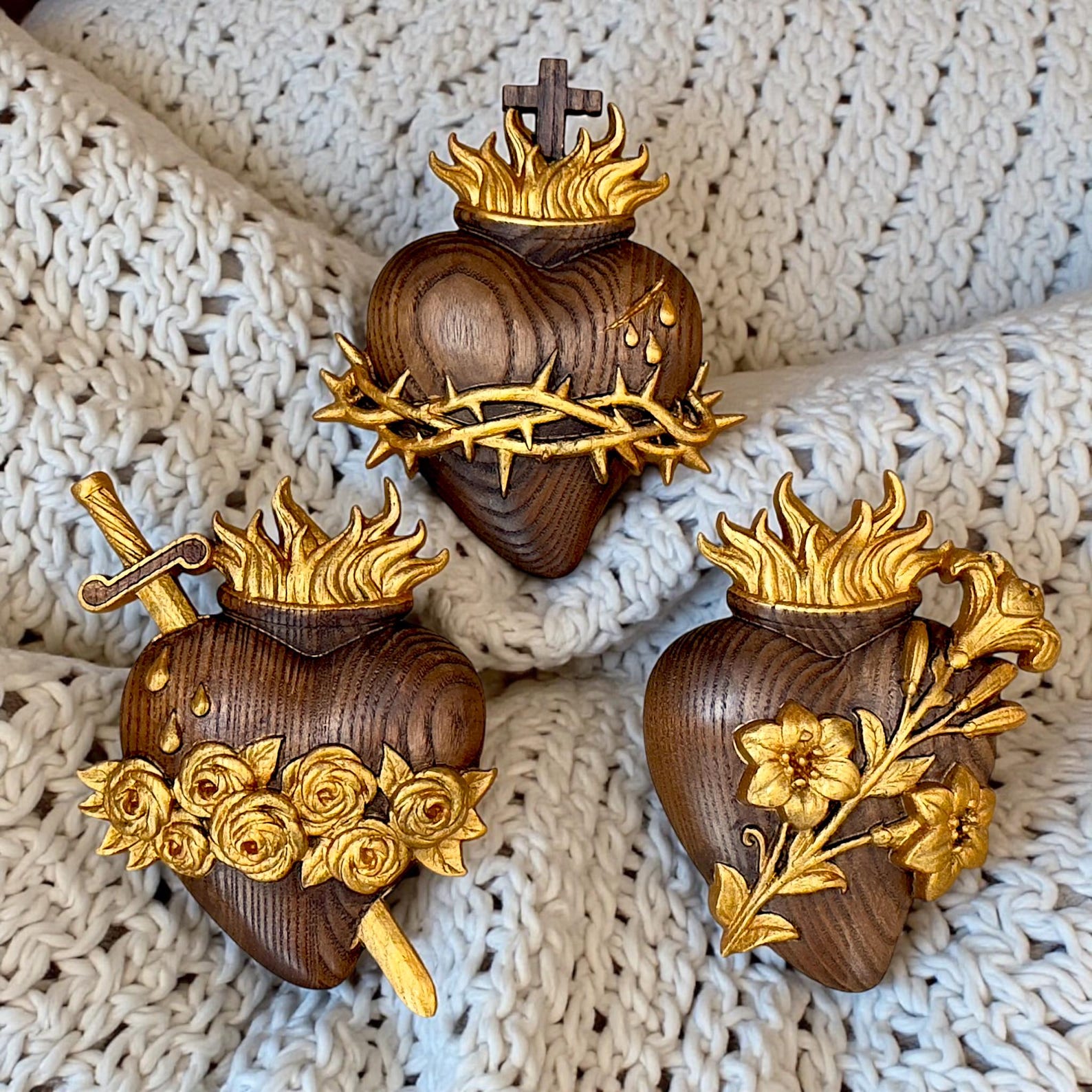 Wooden Three Sacred Hearts of the Holy Family 4 colors Wall Hanging Art