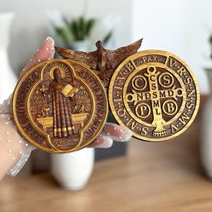 Wooden Saint Benedict Medal in the form of a wall plate, Choose Size 8 x 4.6 up to 26 x 15 inches, Free Shipping