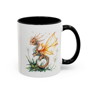 Fantasy Dragon Accent Coffee Mug | Whimsical Drinkware for Dragon Lovers, Gift for Her, Birthday, Home Decor, Dandelion Fantasy Floral Mug