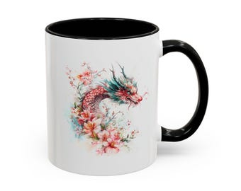 Dragon Blossom Accent Coffee Mug  Colorful Ceramic Drinkware for Tea Lovers, Unique Gift for Birthdays, Art Lovers, Home Decor, Coffee