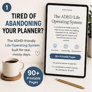 ADHD Life Planner PDF | Brain Dump, Dopamine Menu, Visual Day Map & Gentle Restart System