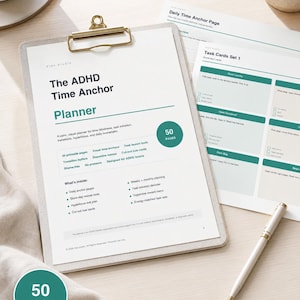 May include: A clipboard with a planner titled "The ADHD Time Anchor Planner" with a gold clip. The planner has a teal circle with "50 PAGES" and a white pen. Additional pages with task lists are visible.
