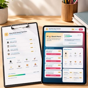 Può includere: Una clip board e un tablet che mostrano l'interfaccia "Dias Kids Quest System". La clip board elenca le missioni giornaliere come "rifare il letto" e "apparecchiare la tavola". Il tablet presenta un'interfaccia "Quest Hero" con badge e ricompense.