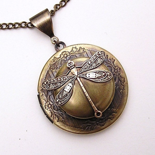 Steampunk double DRAGONFLY LOCKET, Necklace Pendant, Vintage