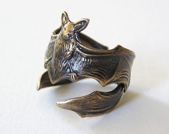 Gothic FLYING FOX Bat RINGs, Leathery wing wraps around finger (br)