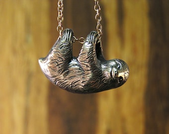 Sloth Necklace, three toe sloth, Sterling Silver 925, Pendant dangles freely on a 20" inch chain (sw)