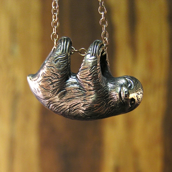 Sloth Necklace, three toe sloth, Sterling Silver 925, Pendant dangles freely on a 20" inch chain (sw)