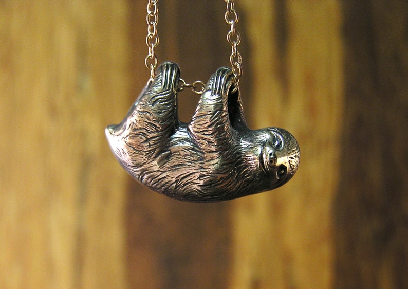 Sloth Necklace, three toe sloth, Sterling Silver 925, Pendant dangles freely on a 20 inch chain sw image 1