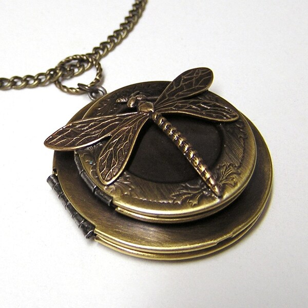 Steampunk double DRAGONFLY LOCKET, Necklace Pendant, Vintage, 1.5 inch