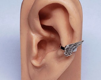 tiny Angel Feather Wing Ear Cuff (925) Sterling Silver, Left Ear