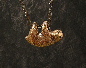 Sloth Necklace, three toe sloth, dangles freely on a 20" inch chain (br)