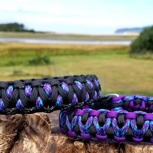 May include: Two black paracord collars with purple and blue accents. The collars are woven with a complex pattern and have a metal D-ring.