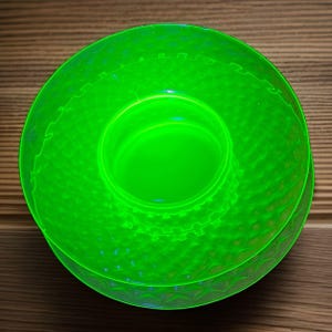May include: A vibrant, glowing neon green glass plate featuring a circular center and a textured, diamond-patterned rim. The translucent material emits a bright, intense light, highlighting the geometric details and the smooth, raised circular edge.