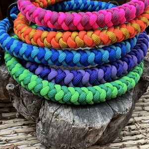 Puede incluir: Una pila de coloridos collares trenzados para perros en tonos arcoíris, incluyendo rosa, naranja, azul y verde. Los collares están hechos de un material grueso y duradero y se colocan sobre una superficie de madera envejecida.