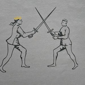 May include: A black and white illustration depicts two figures in a sword fight. One figure wears a crown. The figures are holding swords, with the blades crossed. The background is a solid gray color.