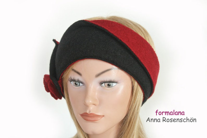 Headband black red wool flower ear warmer image 3