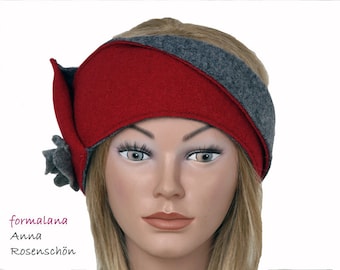 Headband red grey wool two-tone cuff