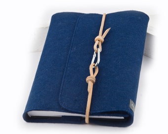 Travel Diary A5 / Calendar - Notebook Cover Blue Felt Leather Carabiner Retro Vintage Gift Graduation Abitur Studies Training