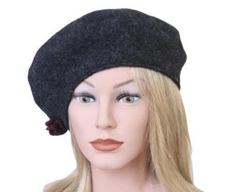 Beret dark grey flower beret cap
