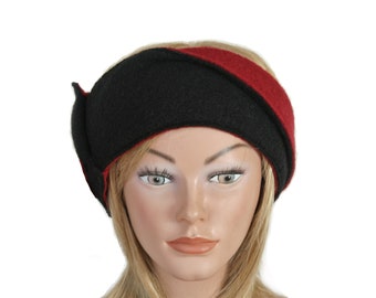 Headband wool black red ear warmer