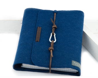 Personalized ring binder, blue felt, A5 leather, gift planner, calendar