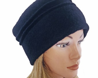Hat women black wool winter hat piping grooves smooth simple