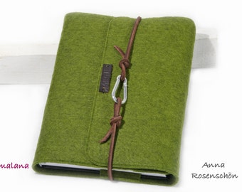 personalized green calendar sleeve A5 felt notebook sleeve with embossed name with leather ribbon carabiner diary brown gift letters