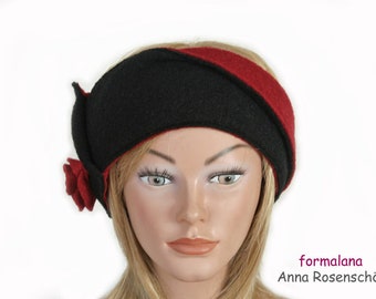 Headband black red wool flower ear warmer