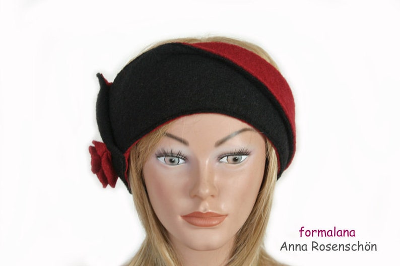 Headband black red wool flower ear warmer image 1