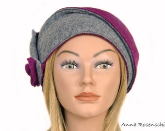 Headband grey purple wool foldable with flower bicolor