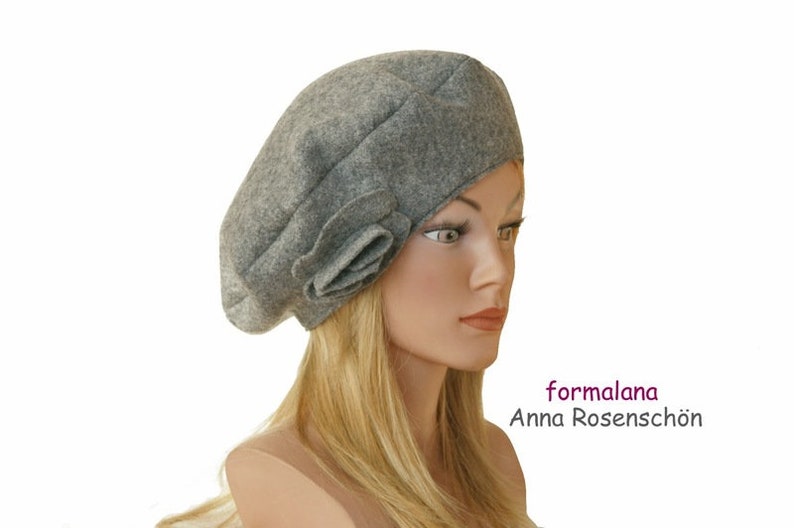 Beret Cap Wool Flower Grey image 2