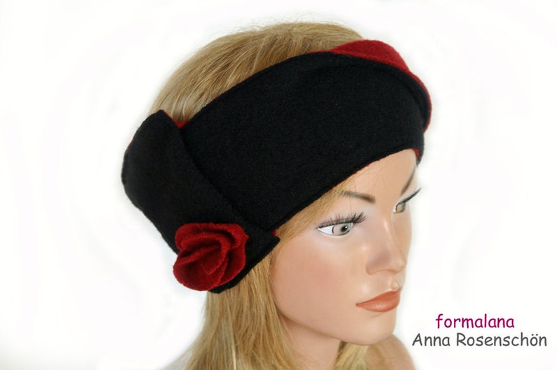 Headband black red wool flower ear warmer image 2