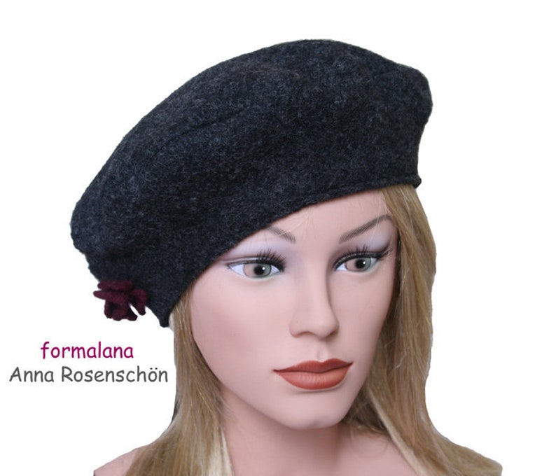 Berets dark grey flower beret cap image 3