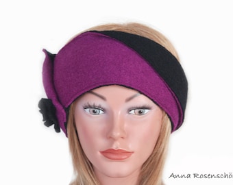 Headband black purple wool foldable with flower bicolor