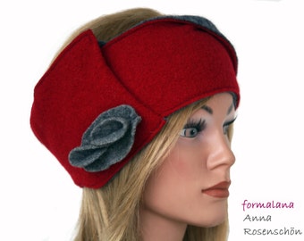 red gray headband, wool, flower, headband, bandeau