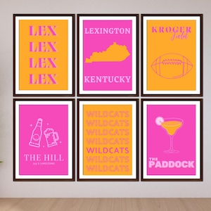 University of Kentucky Digital Wall Art, Set of 6, UK Wildcats, Pink & Orange Dorm Prints, Dorm Wall Art, Trendy College Poster