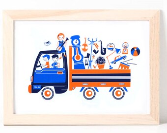 Affiche Enfants Musiciens et leur Camion Sérigraphiée à la main format A3 en bleu et orange